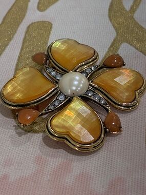 Elegant Gold-Tone Yellow Heart Flower Brooch with Pearl Center